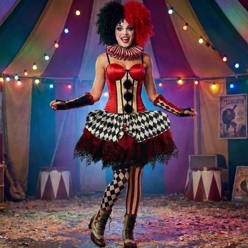 Freakshow Clown Corset and Tutu Skirt Set Halloween Costume Red Black Harlequin